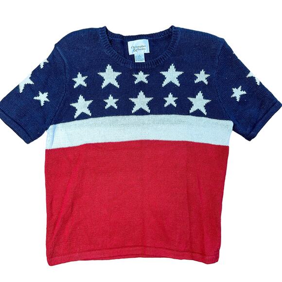 USA Flag Sweater Short Sleeve Vintage Fourth of July Sweater Cotton Blend - Picture 1 of 4